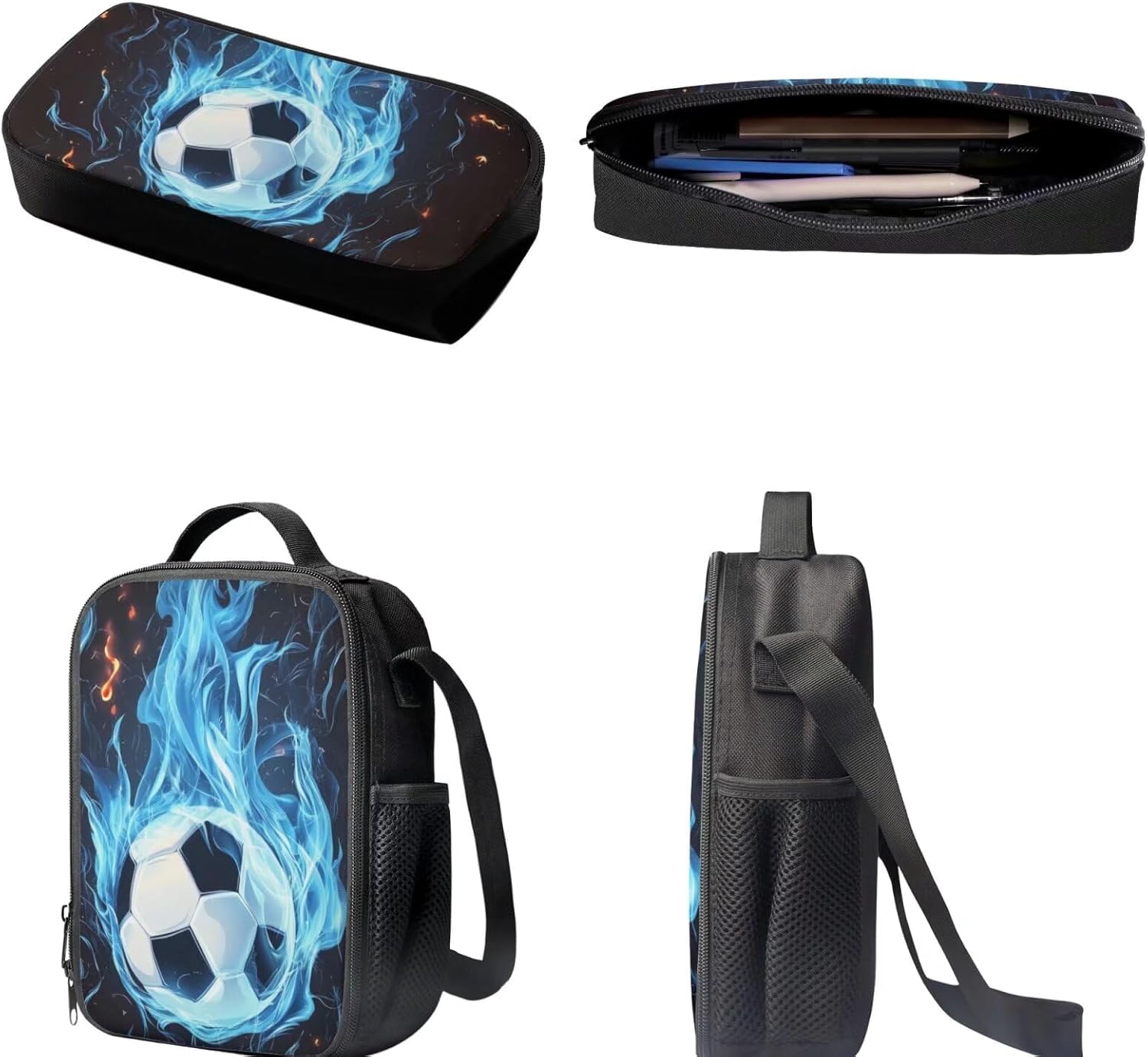 FKELYI Blue Fire Soccer Kid's Backpack for School Study Travel Teens Lightweight Book Bag with Lunch Bag and Pencil Box 3 Pack Set Schoolbag for Boys Ages 8-12