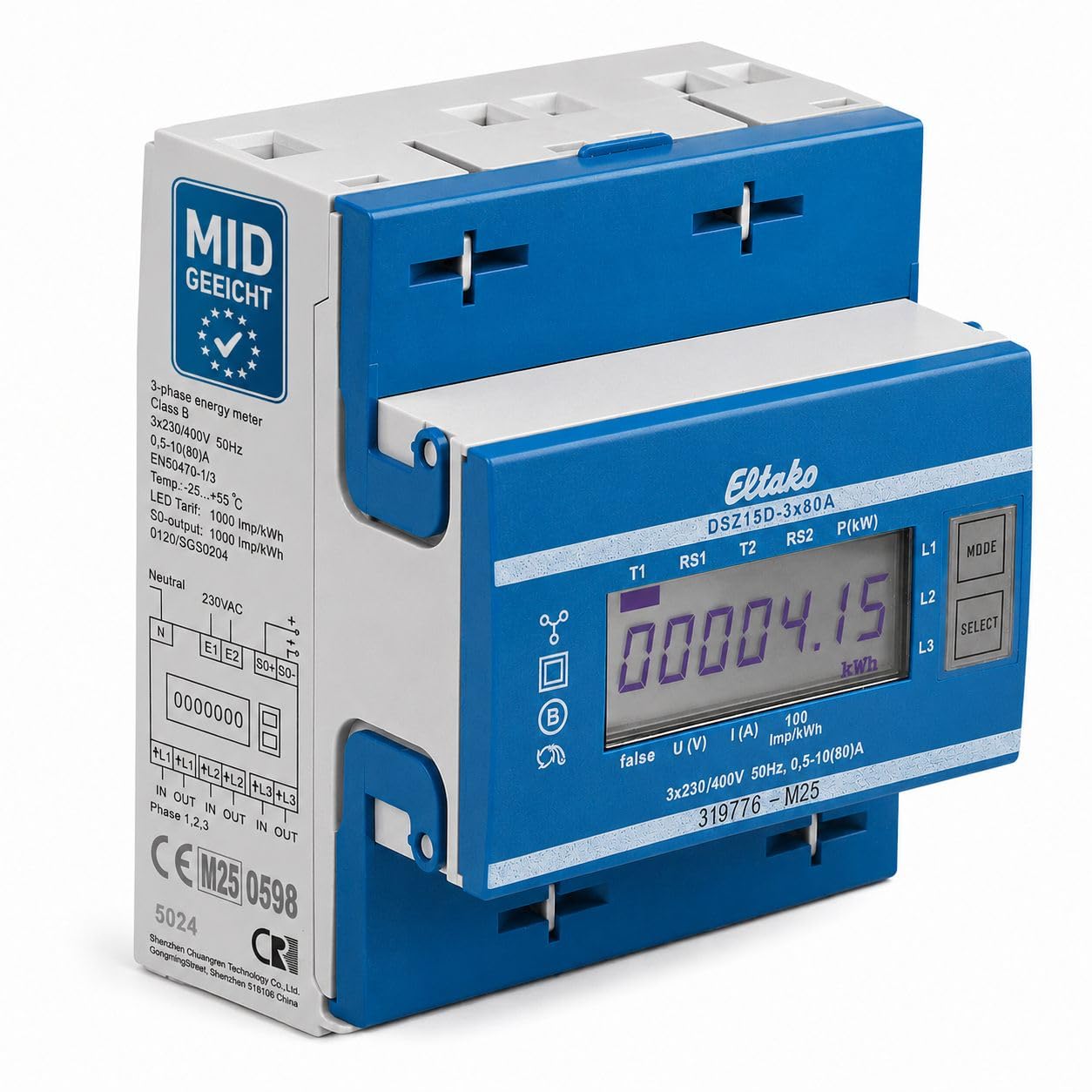 Eltako DSZ15D Drehstromzähler MID geeicht 3x80A mit S0 Schnittstelle, elektronischer Stromzähler für Hutschiene, 3-Phasen Energiezähler Direktmessung, 2-Tarif Stromzähler MID