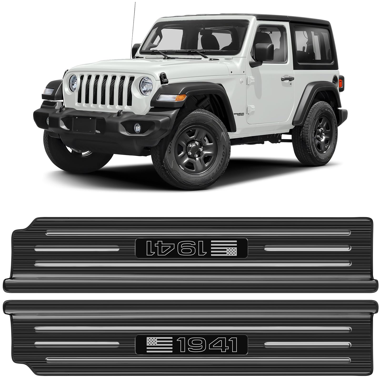 Upgraded American US Flag Door Sill Guards for Jeep Wrangler JL JLU 2018-2025 2026 &amp; Gladiator JT 2020-2026 Accessories Stainless Steel Front Door Entry Guard (US Flag Brushed Black 2-Door)
