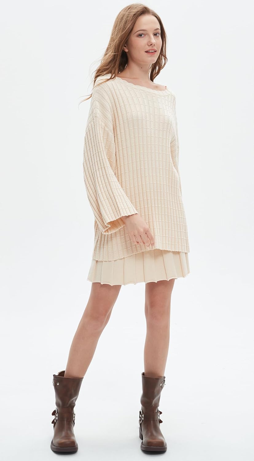 Womens Sweater Skirt Set Oversized Casual Loose Knit Sweater Pleated A Line Mini Skirt 2 Piece Outfits - Image 7