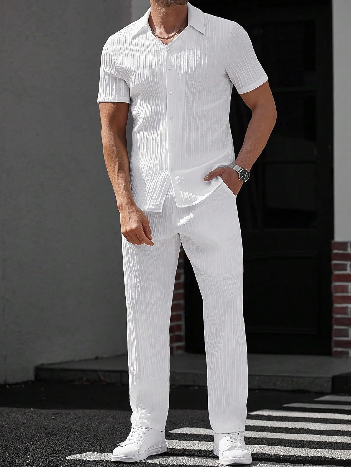 SOLY HUX Men's Summer 2 Piece Suit Set Button Down Shirt and Pants Outfits Golf Outdoor Clothes - Image 2
