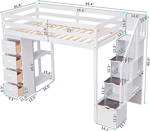 Miniatura 2 de DEINPPA Cama alta de tamaño individual con 4 cajones y estantes de almacenamiento cama alta de madera con escaleras de almacenamiento para niños