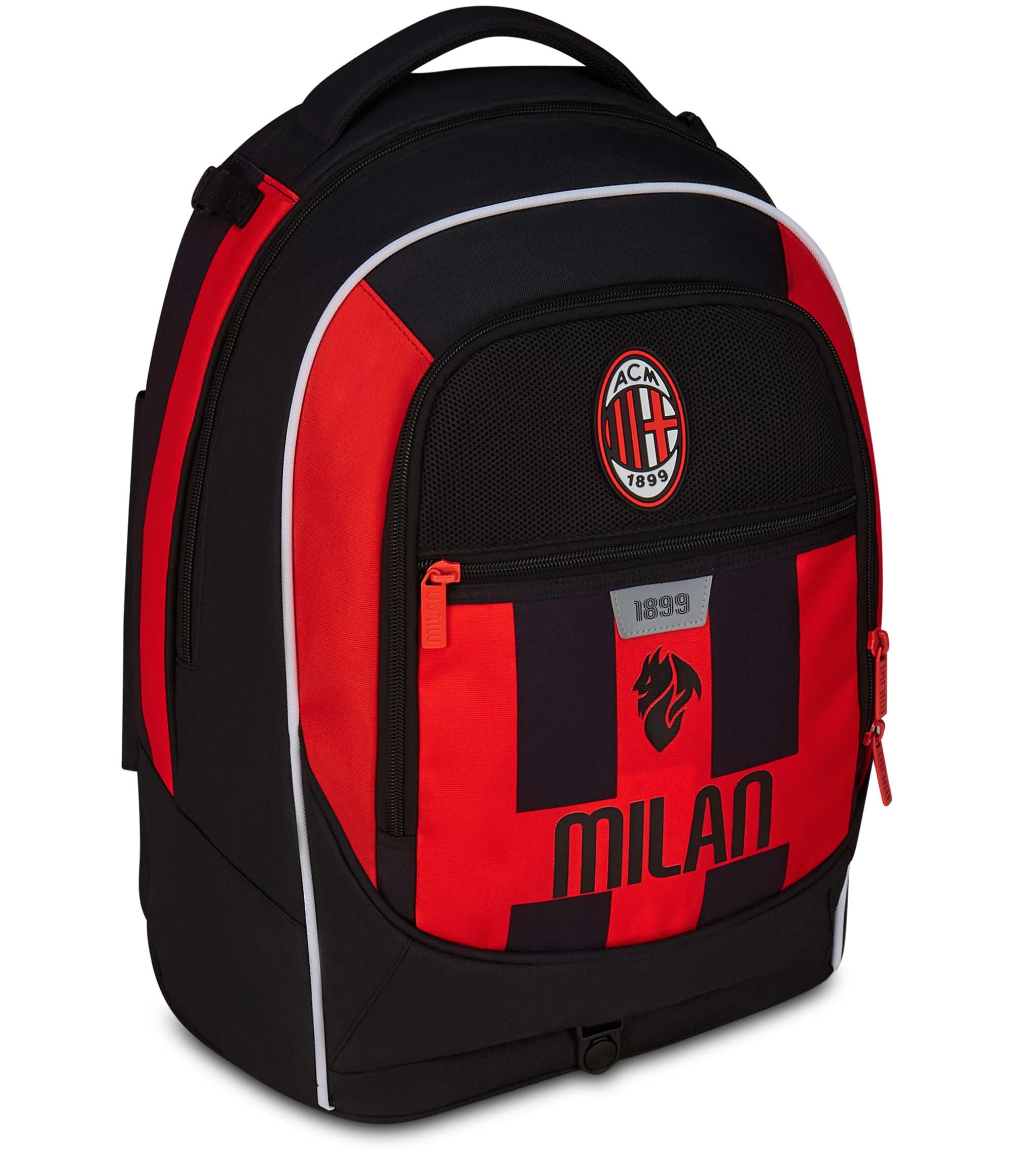 Seven Milan Trolley Scuola Jack 3 Ruote, Rosso Nero, Squadra Calcio, Zaino Con Carrello Sganciabile Da 33 Litri, Per Scuola Elementare e Media,Bambino