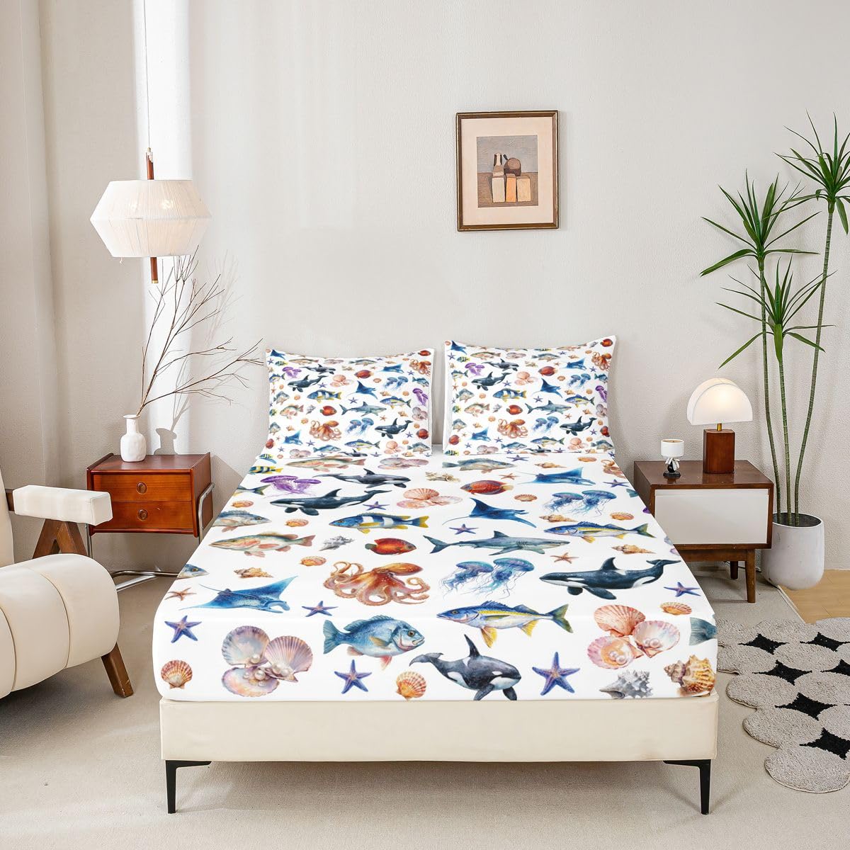 Homewish Ocean zestaw pościeli King Orca wieloryb okonia ryba prześcieradło z gumką meduza ośmiornica prześcieradła dla dzieci nastolatków dziewcząt, nadmorskie życie morskie narzuta na łóżko 3 szt