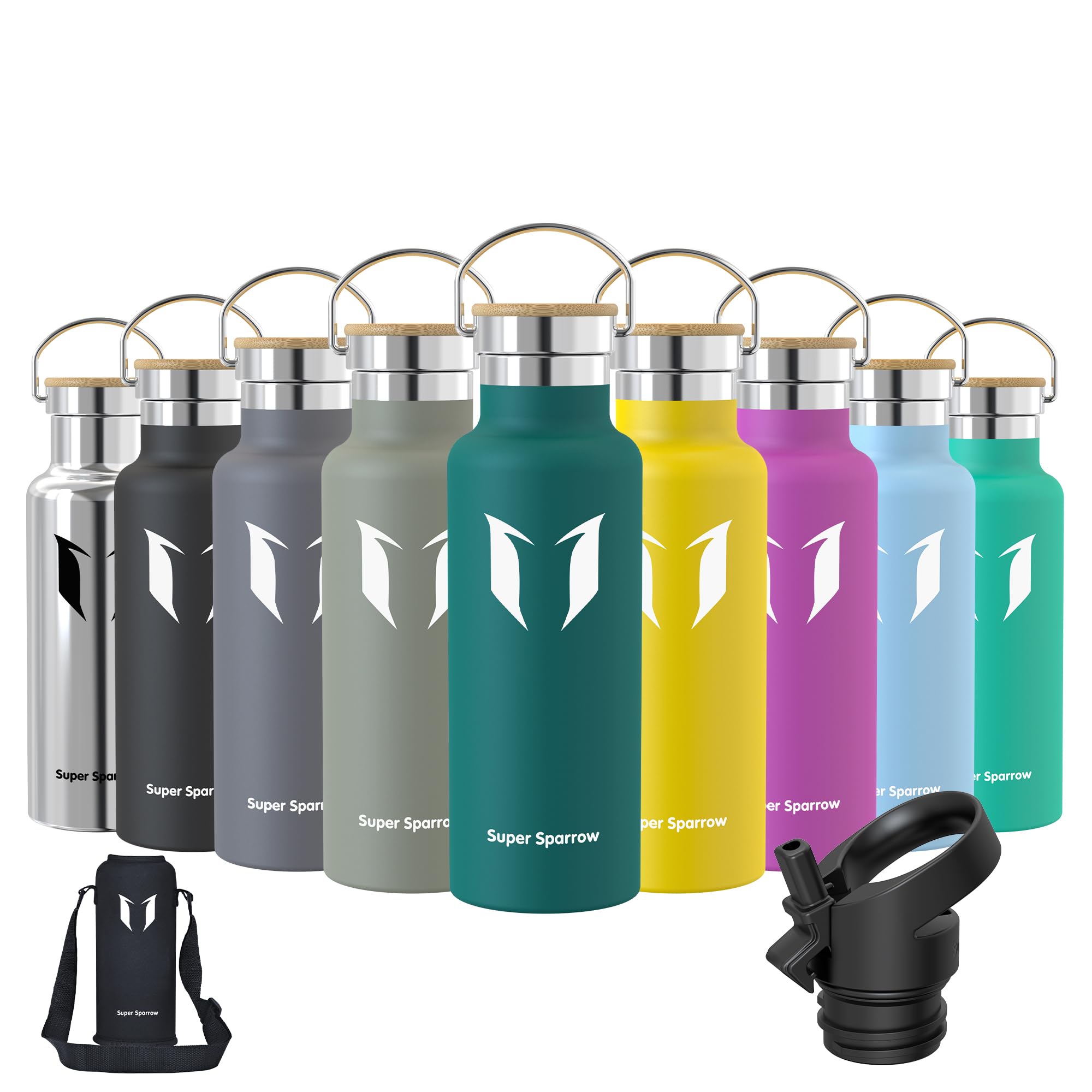 Super Sparrow Water Bottle Stainless Steel - 350ml/500ml/620ml/750ml/1L- Insulated Metal Water Bottles - Standard Mouth Flask - BPA Free - Straw Bottle for Work, Gym, Sports - 2 Lids