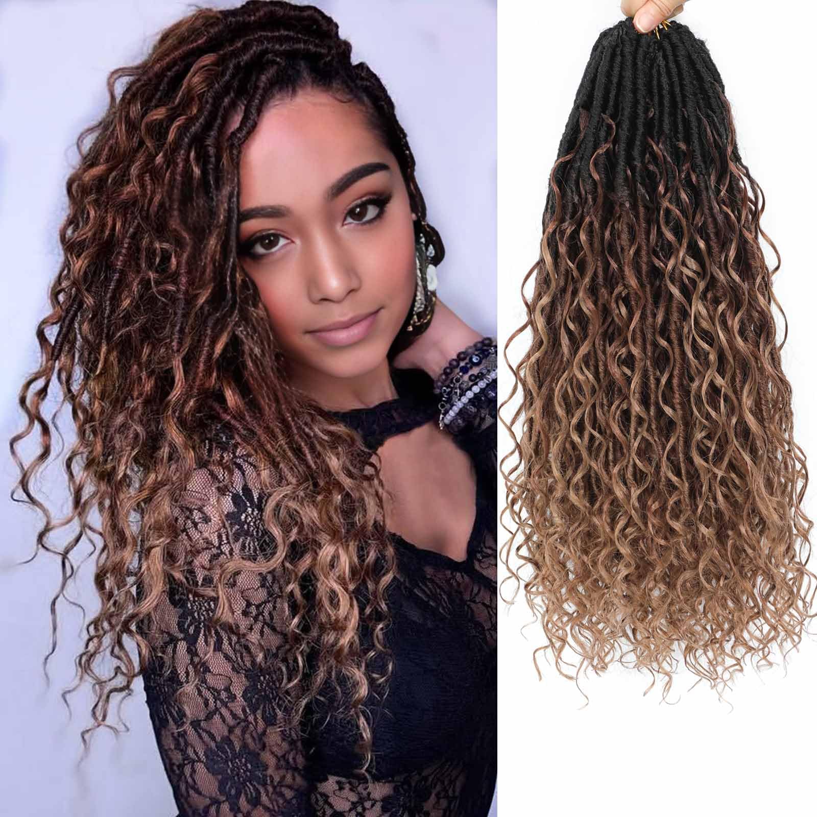 Goddess Locs Crochet Hair 7 Packs Bohemian Faux Locs Pre-Looped Braids, Boho Goddess Soft Locs Crochet Hair with Curly Ends Hair Extensions for Women (1B/30/27#, 60 cm/ 24 Inch)