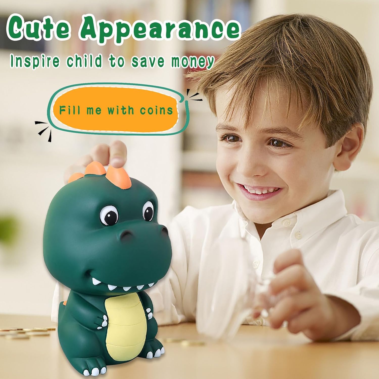 Dinosaur Piggy Bank, Unbreakable Plastic Money Coin Bank, Cute Kids Piggy Bank for Boys Toddler, Great Gifts for Birthday, Christmas, Baby Shower (Dark Green)