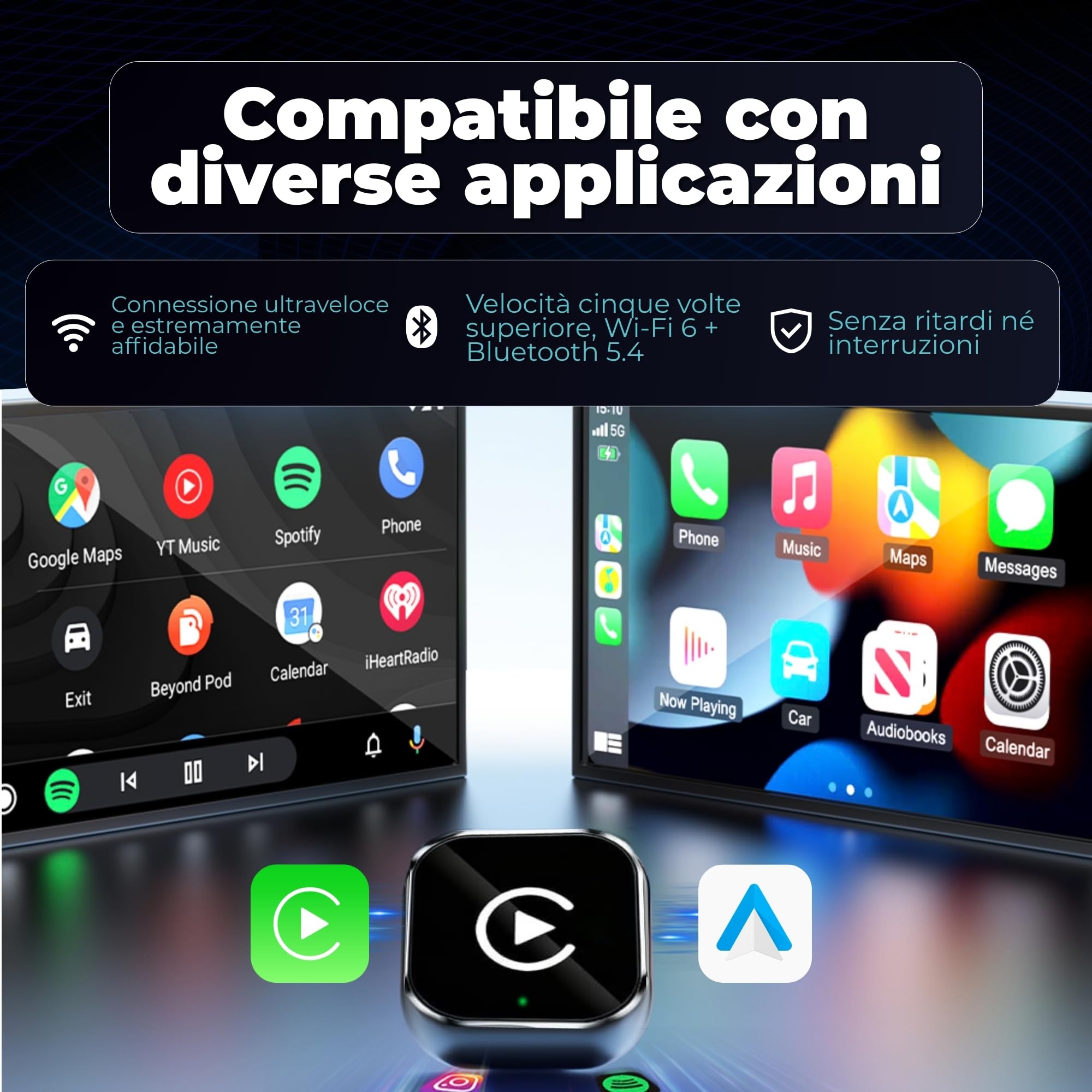 Adattatore Carplay Wireless 2 in 1 Mini 2026, Android Auto Wireless con USB Plug & Play, Riconnessione Rapida ~3 s, USB-A/USB-C e Dongle Rigido per Porte Difficili