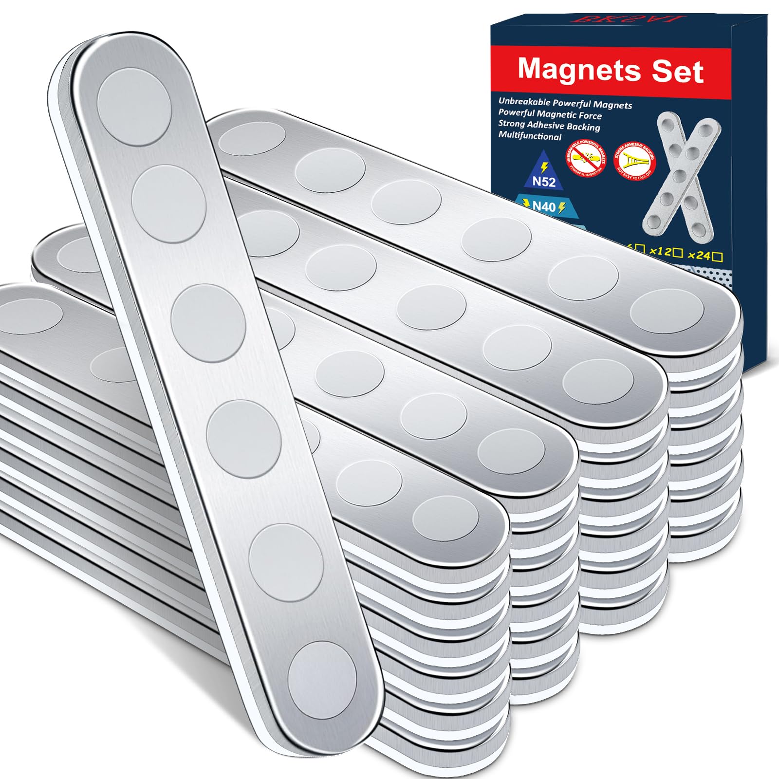 BKSAI 24Pz Magnete Potente Adesivo Magneti al Neodimio N33 Infrangibili | 65x10x2mm Adesivo Piatto Magnetico Striscia per Lavagna Bianca, Decorazione, Frigorifero Cucina e Casa Componenti Fissi
