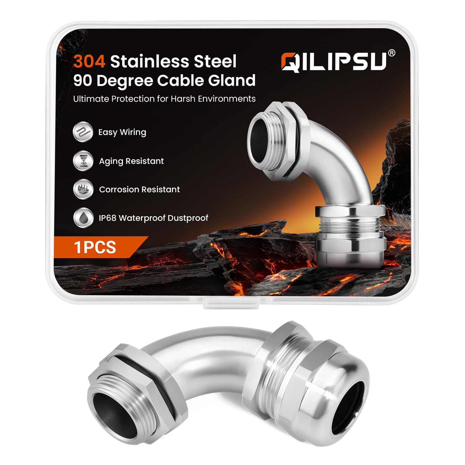 QILIPSU M25 304 Stainless Steel 90 Degree Cable Gland, IP68 Waterproof Right Angle Strain Relief for Electrical Enclosures, Outdoor Wiring and EV Charging