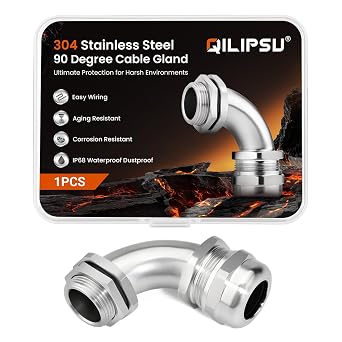QILIPSU M25 304 Stainless Steel 90 Degree Cable Gland, IP68 Waterproof Right Angle Strain Relief for Electrical Enclosures, Outdoor Wiring and EV Charging