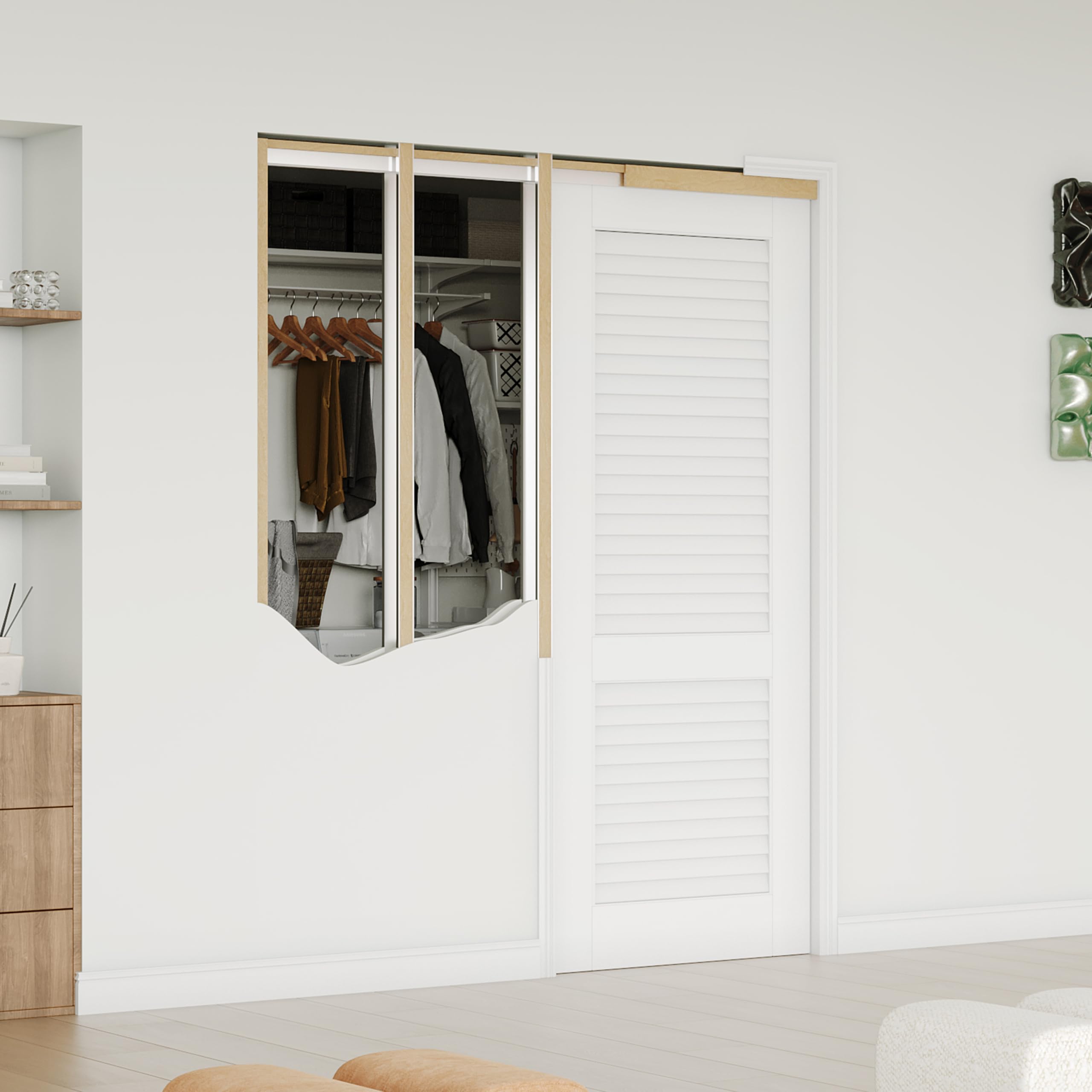 28" x 80" Sliding Pocket Door, Louvered Pantry Doors with Frame and Hardware Kit, Interior Door, White Primer Closet Doors - No Panel Assembly Required