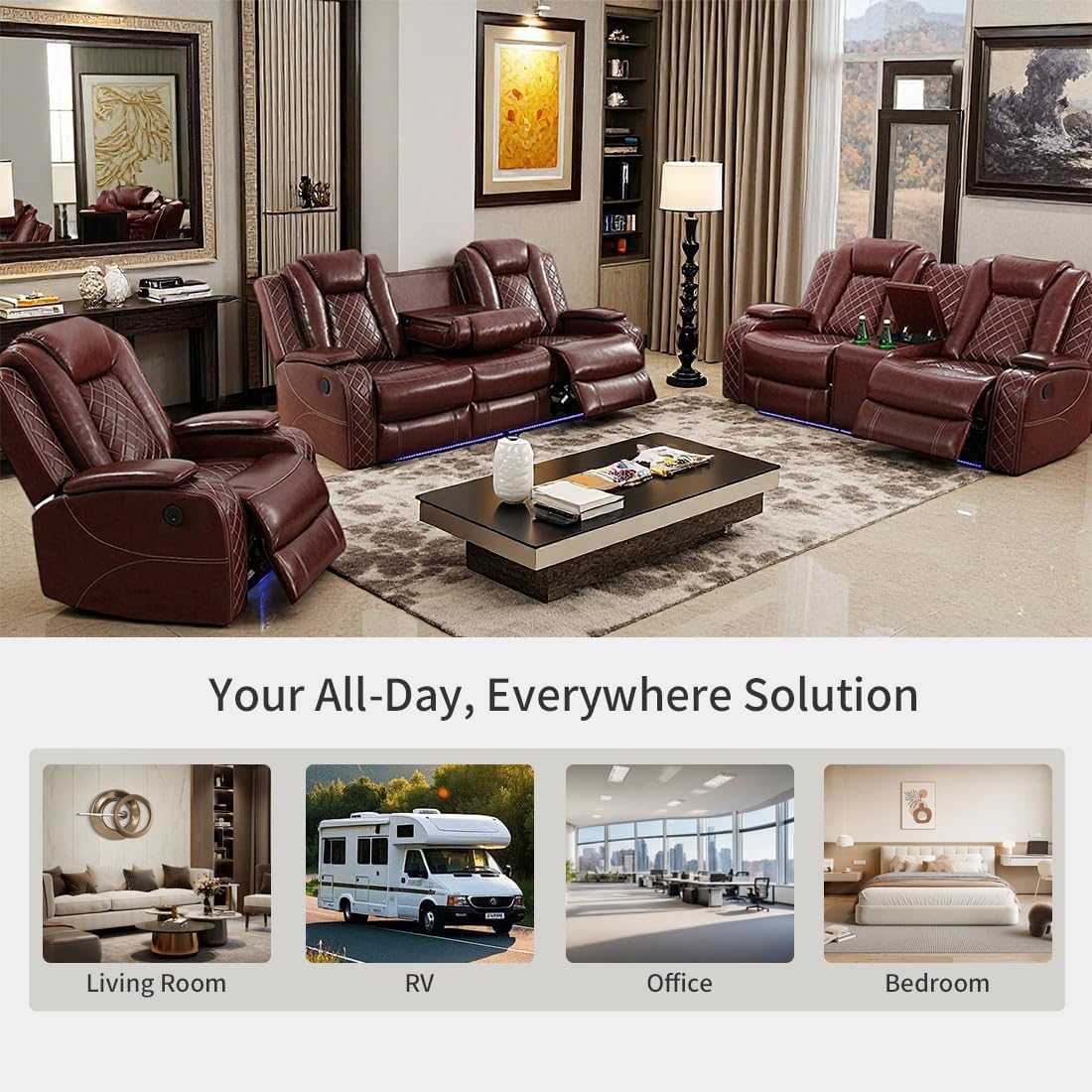 Power Recliner Sofa Set, Brown Leather 3 Pieces Sectional Couch, Living Room Furniture Sets with LED Light, Modern Power Reclining Sets with Storage Console/Cup Holder for Living Room