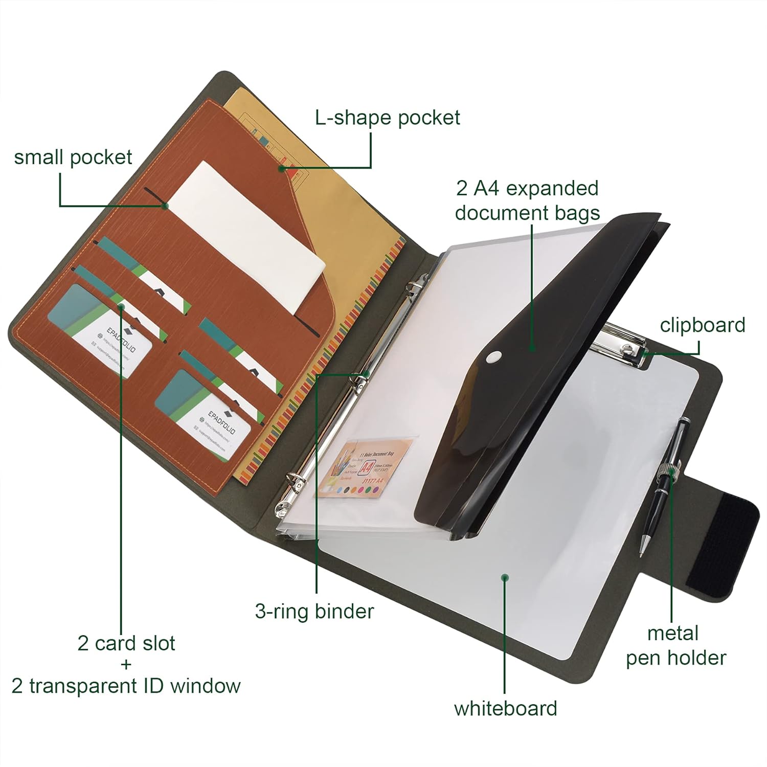 ePadfolio 3-Ring Binder Padfolio with Whiteboard Clipboard and Expanded Document Bag, Padfolio Ring Binder Business Organizer Portfolio Case (Brown) : Office Products