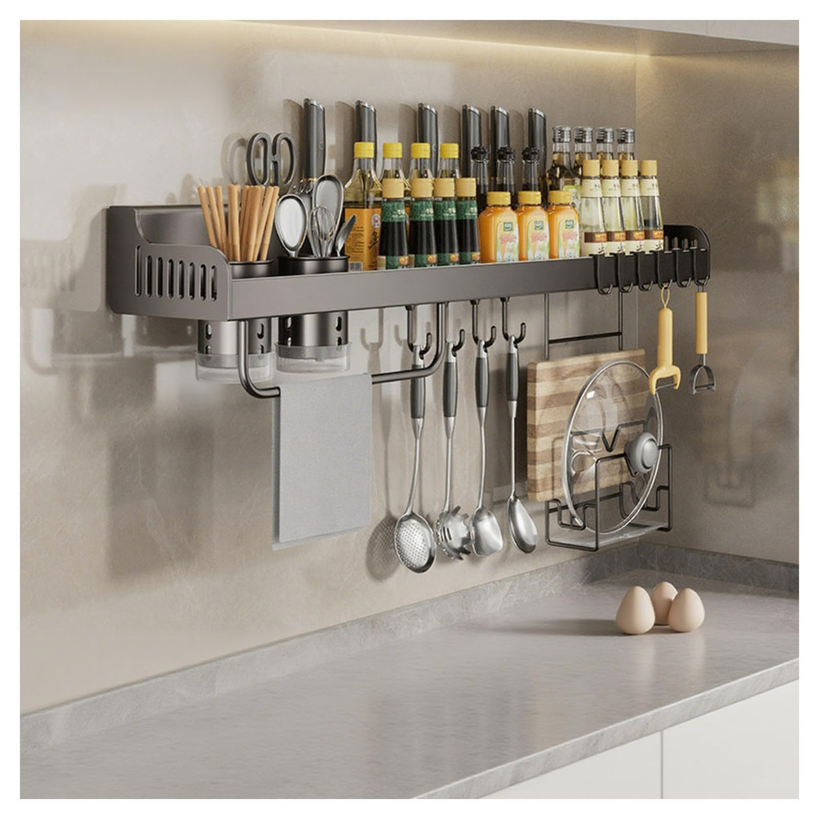 HADECOLL Kitchen Spice Rack Organizer With Hooks, Knife Holder, Carbon Steel Shelf For Spatulas, Towels, Spice Jars, Black,Grey-60cm
