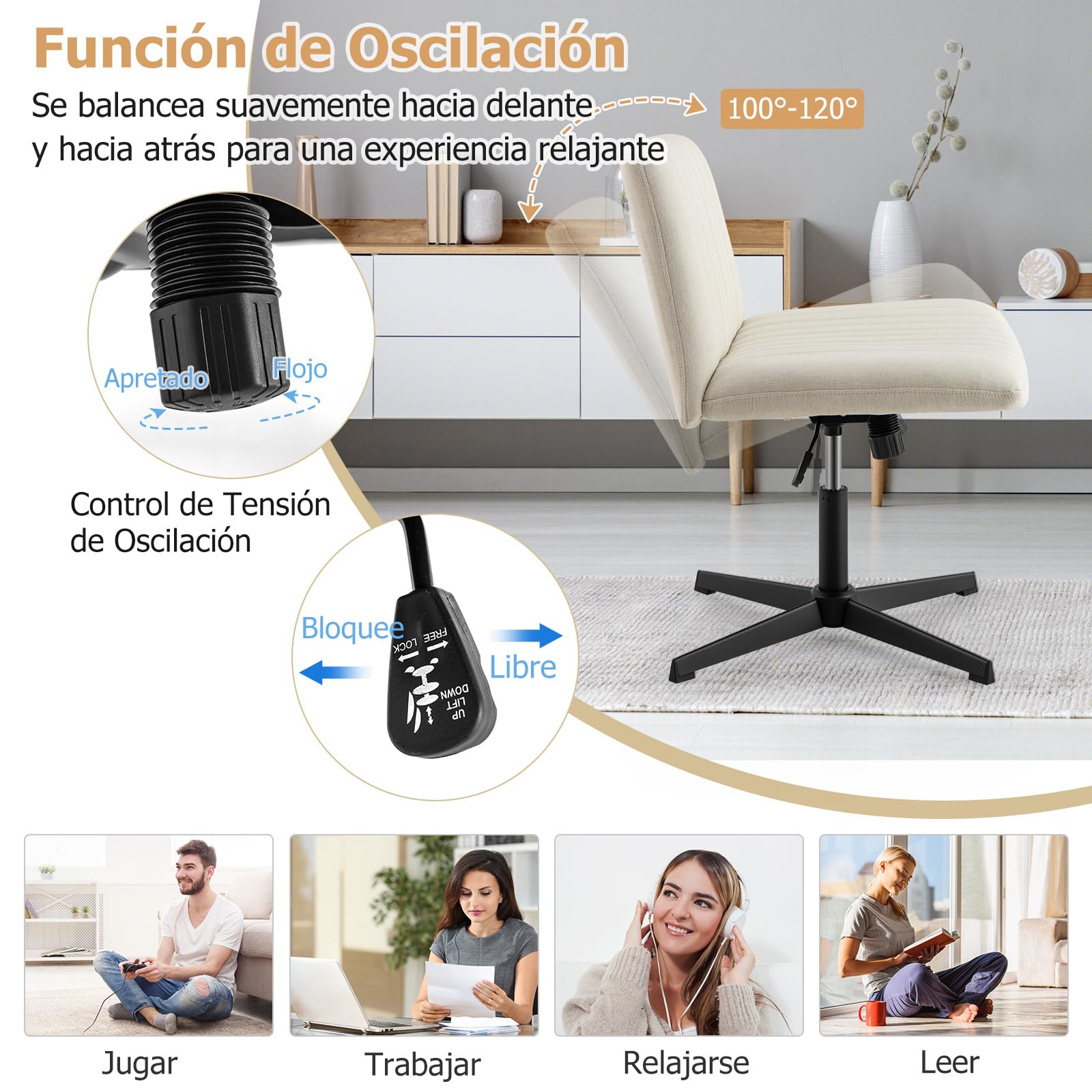 COSTWAY Silla Escritorio sin Brazos, Silla de Oficina con Tela de Lino, Mecedora 120°, Altura Ajustable, Silla Tocador con Piernas Cruzadas Estudio Dormitorio Oficina, 71 x 66 x 78-91,5 cm (Beige)