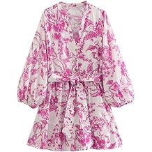 CHICWISH Women Floral Print Long Lantern Sleeves Mini Dress V Neck Button Summer Beach Vacation Frilling Dress with Belt