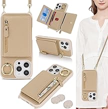ELTEKER Coque pour iPhone 16 Pro Max Etui avec Cordon Collier Sangle réglable,Housse en Cuir avec Anneau Étui Portefeuille avec Porte Carte Pochette - Beige
