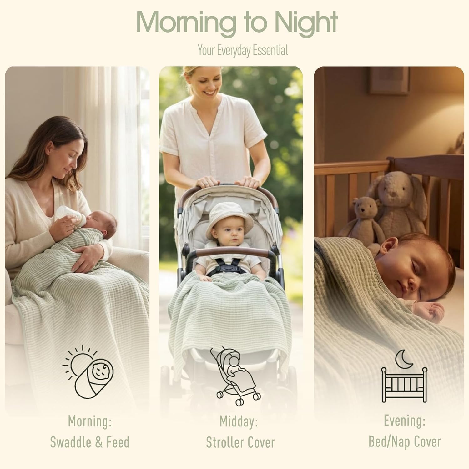 Ultra Soft Muslin Baby Blanket - Made with Organic Cotton, Gender Neutral Sage Green Striped Jacquard, Swaddle & Crib Quilt, 43x43 Inches (Sage Green Stripes)