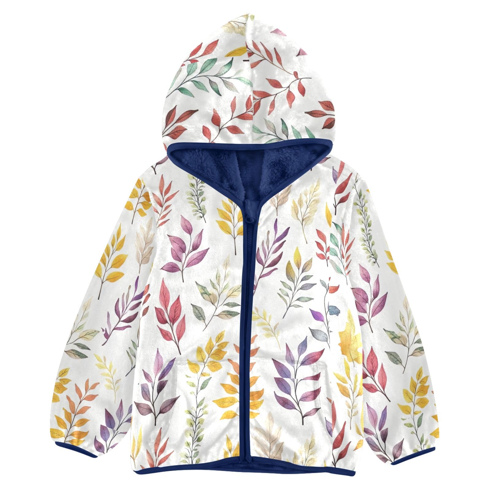 CHIFIGNO Girls Boys Fleece Jacket Cute Kids Hoodie Warm Winter Outwear with Pockets for Toddler and Kids, Watercolor Autumn Leaves, 9-10T