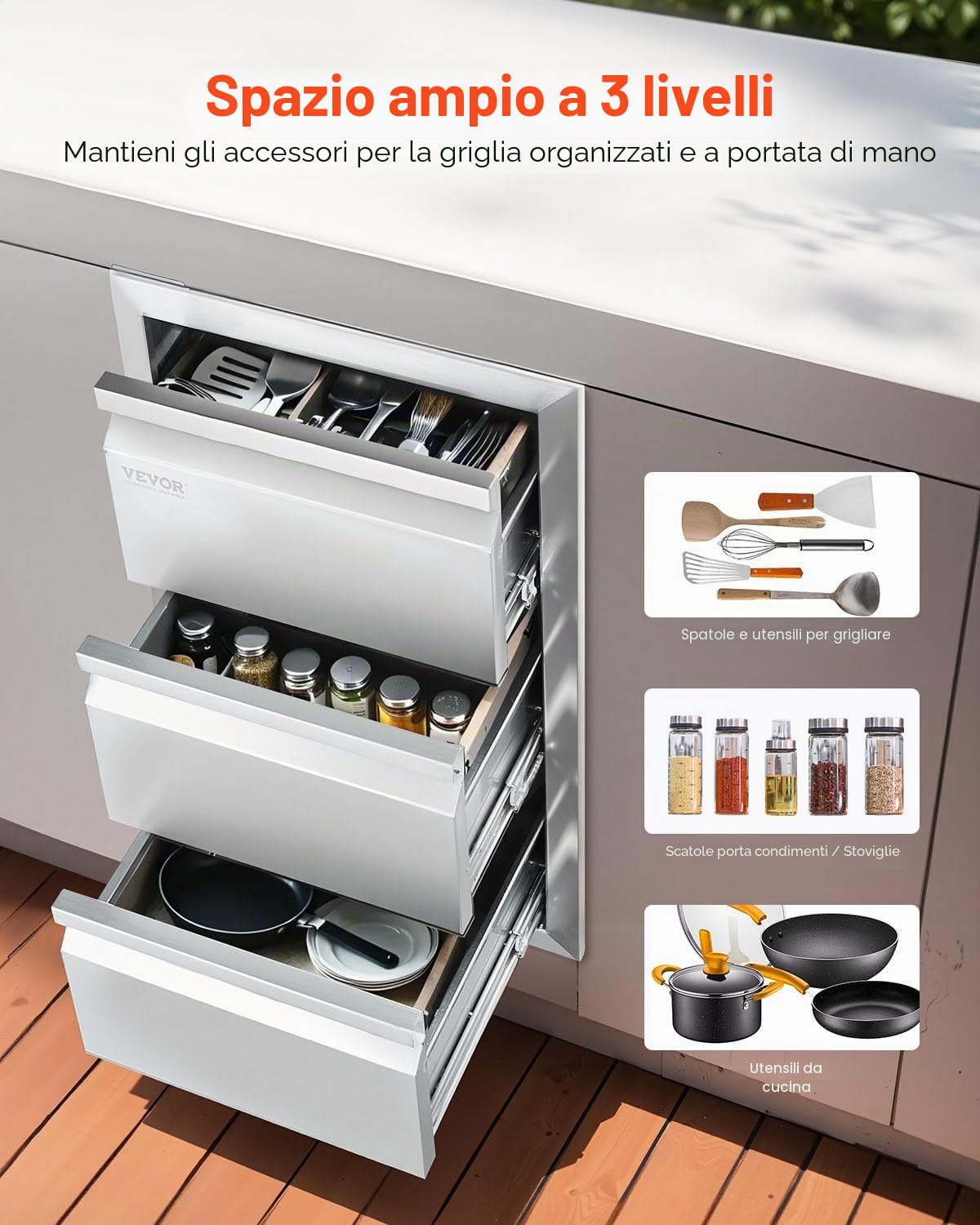 VEVOR Cassettiera per Barbecue, Cassetto per Cucina da Esterno, Cassette Argento in Acciaio Inossidabile, Cassettiera da Cucina con Maniglia Incorporata Uso in Stoviglie (4,7 x 25,4 x 18,7 Pollici)