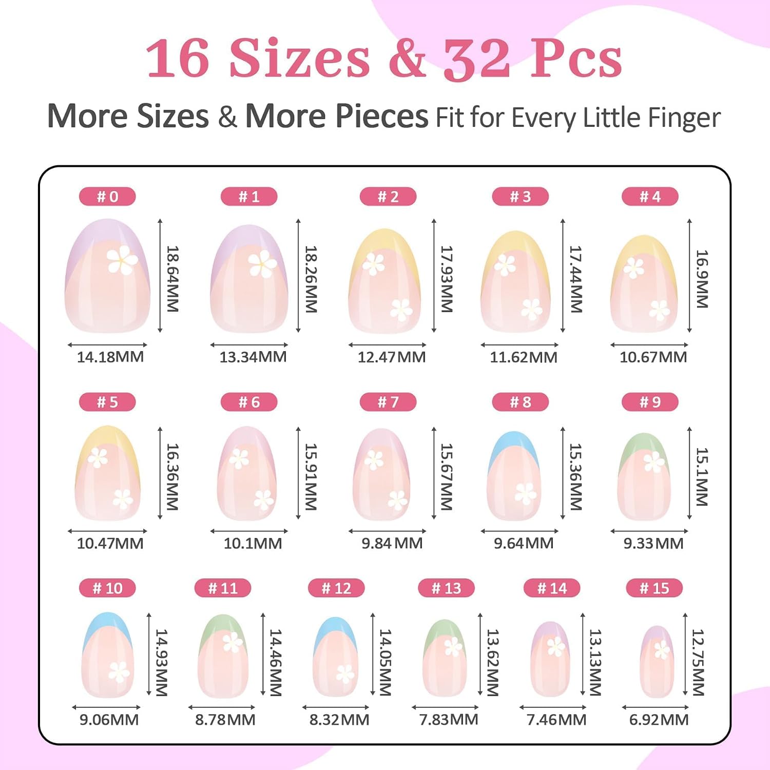 16 Sizes Press on Nails Kit for Kids - 32 Pieces French Almond Fake Nail Tips for Girls 8-12 Years Old with Jelly Nail Adhesives & No-Lamp Nail Glue, Birthday Christmas Gifts(Colorful Flower)