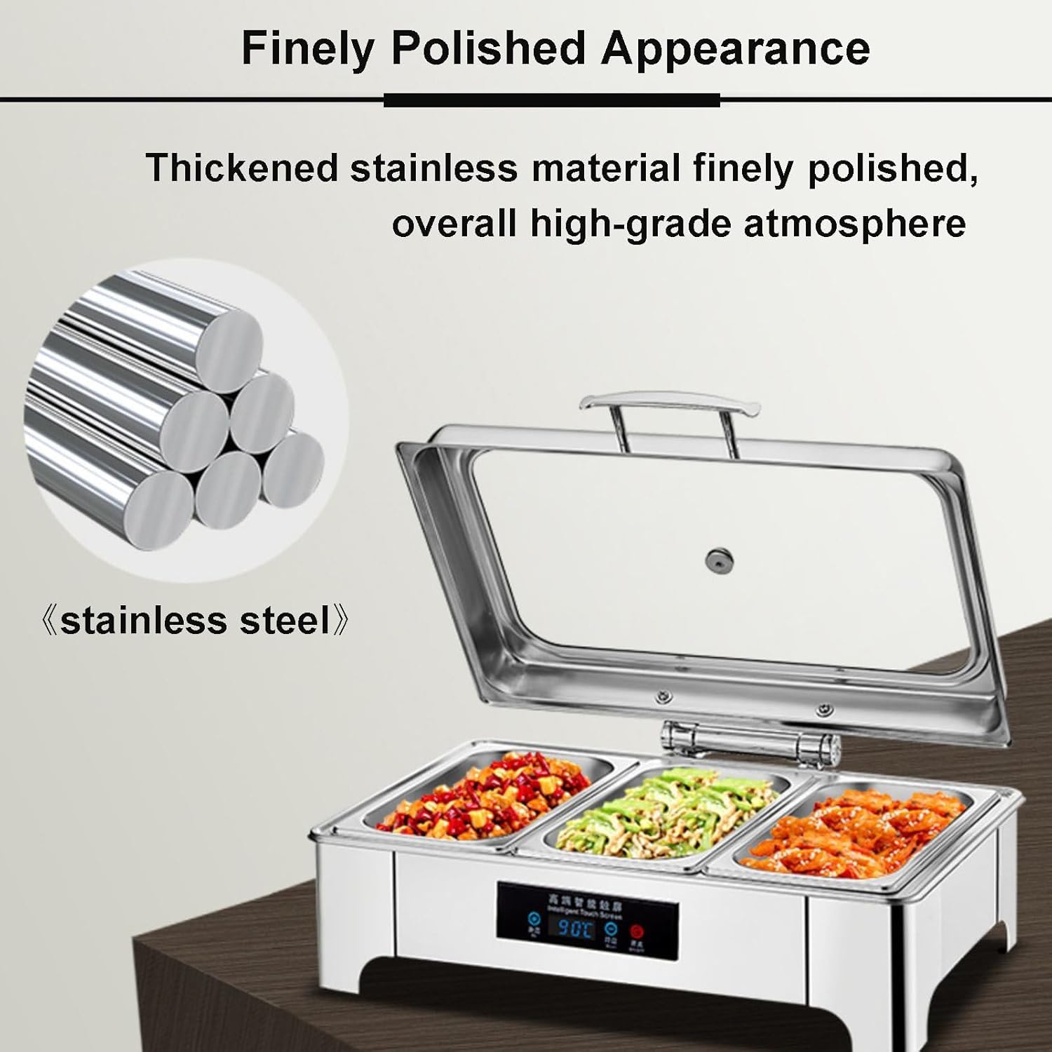 Contenitore Scalda Cibo Professionale con Coperchio in Vetro(0-85℃), Chafing Dish Buffet con Coperchio Visibile, Temperatura Regolabile, per Buffet, Feste e Banchetti (1/1PAN)