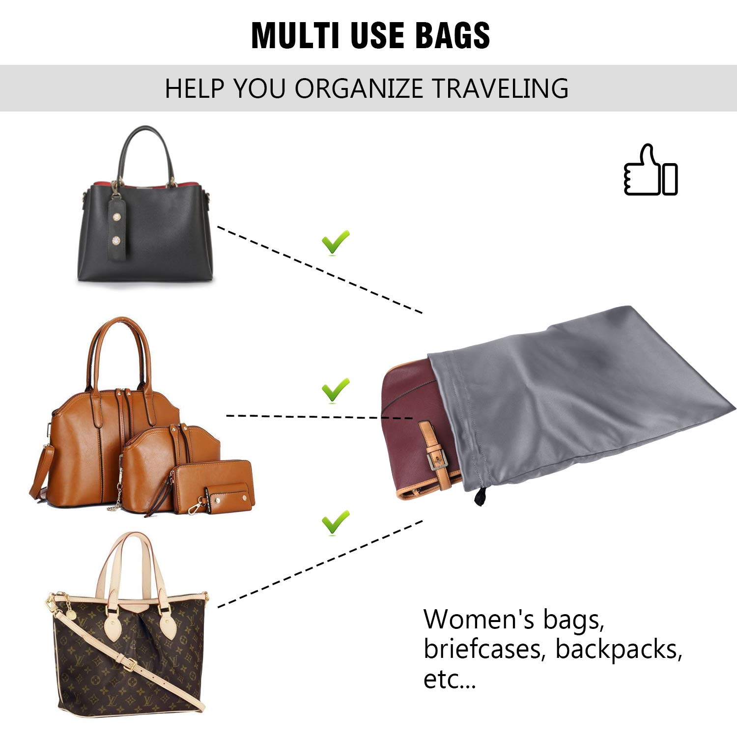 Bolsa de almacenamiento para el polvo, de seda gruesa con cordón para bolsos de lujo, bolsos de mano, bolsos de mano, botas, zapatos y botas, color plateado