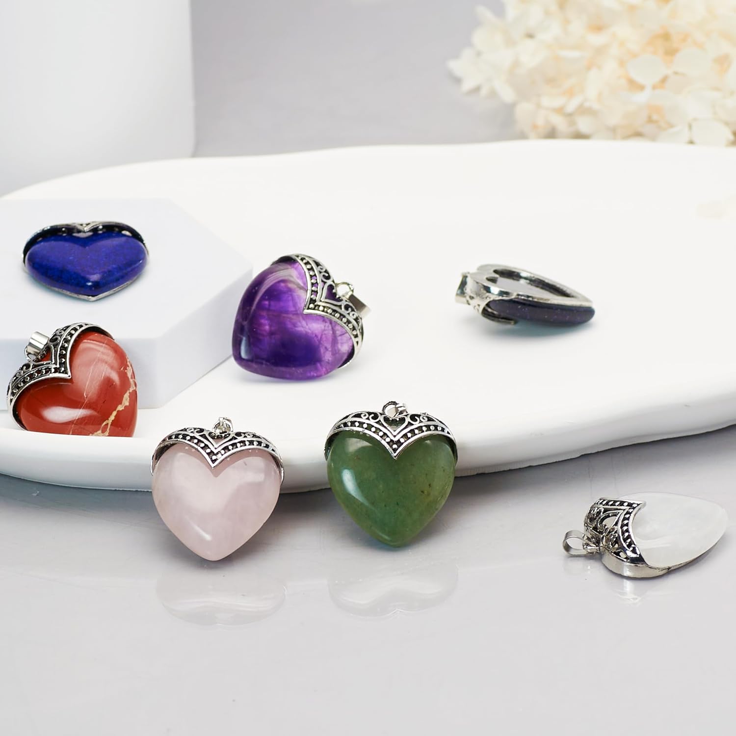 6 Pieces Heart Healing Crystal Pendants Quartz Silver Wrapped Gemstone Charms for DIY Jewelry Making Necklaces - Image 4