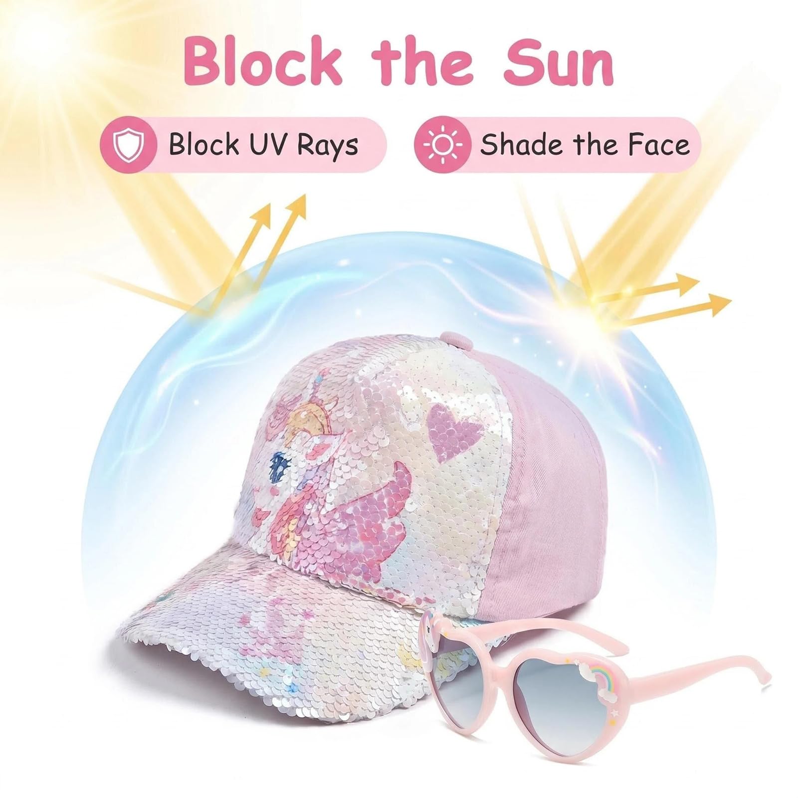 Gorra Niña y Gafas de Sol, Gorra de Béisbol Rosa Ajustable con Diseño de Unicornio y Gafas de Sol con Protección UV, para Niña 3-8 Años