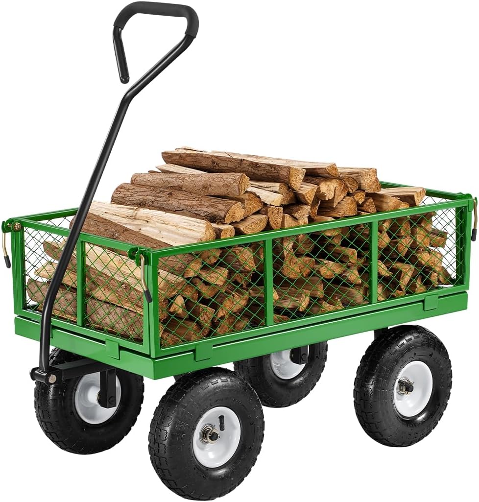 – VEVOR 680 Lbs Steel Garden Cart on Wheels, Heavy Duty Garden Wagon Cart Pullable, Metal Outdoor Utility Yard Wagon Carts with 10" Tires, Mesh Removable Sides and 180°Rotating Handle