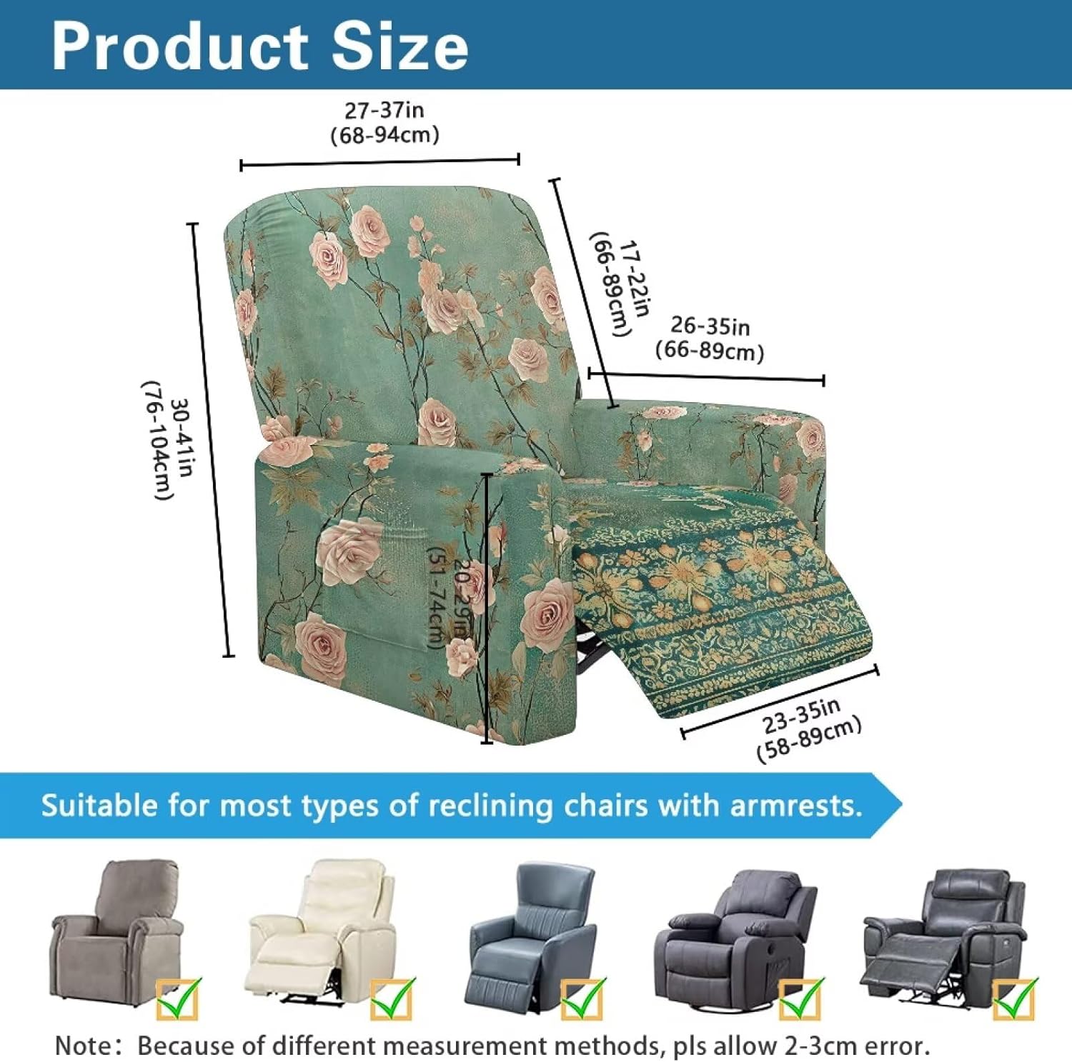 FOR U DESIGNS Floral Green Retro Recliner Covers 4-Piece Set Chew Resistant Furniture Protector Stretchy Sofa Slipcover Stay in Place Washable with Side Pockets