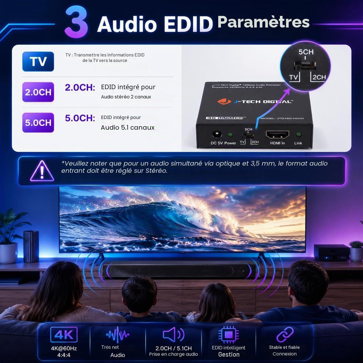 J-Tech Digital JTD18G-H5CH Extracteur audio HDMI 4K 60 Hz + sortie 3,5 mm compatible HDMI 2.0, bande passante 18 Gpb, HDCP 2.2, Dolby Digital/DTS Passthrough CEC, HDR10