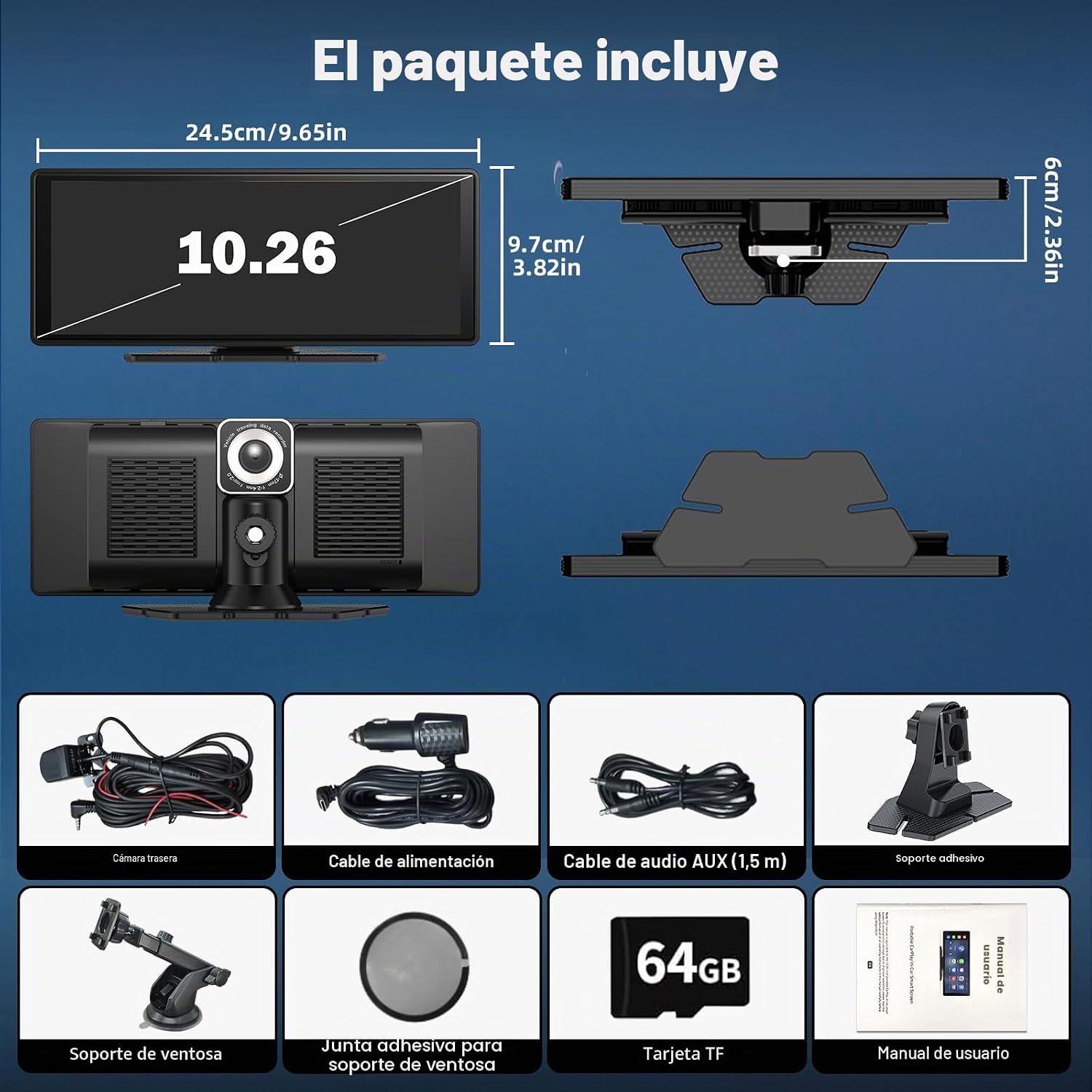 10.26″ Pantalla Carplay Coche para Apple CarPlay & Android Auto, Táctil Pantalla con 4K Dash Cam / 1080P Cámara Retrovisora, CarPlay Autoradio Pantalla Táctil Soporta Doble WiFi / Video | Equipado 1080P cámara trasera 64GB TF, compatible con conexión inalámbrica, pantalla táctil, control por voz, WiFi dual, GPS 9