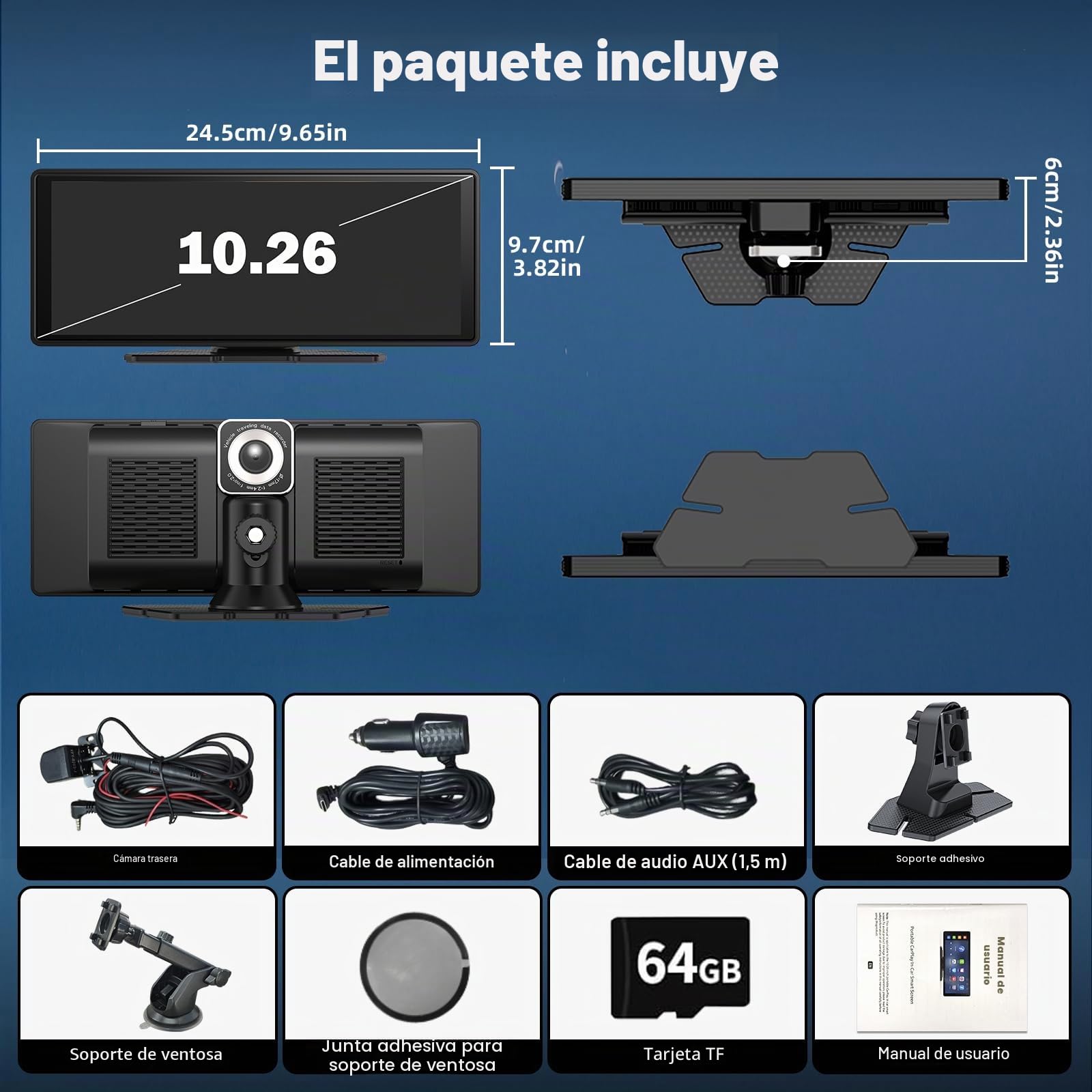 10.26" Pantalla Carplay Coche para Apple CarPlay & Android Auto, Táctil Pantalla con 4K Dash Cam / 1080P Cámara Retrovisora, CarPlay Autoradio Pantalla Táctil Soporta Doble WiFi / Video