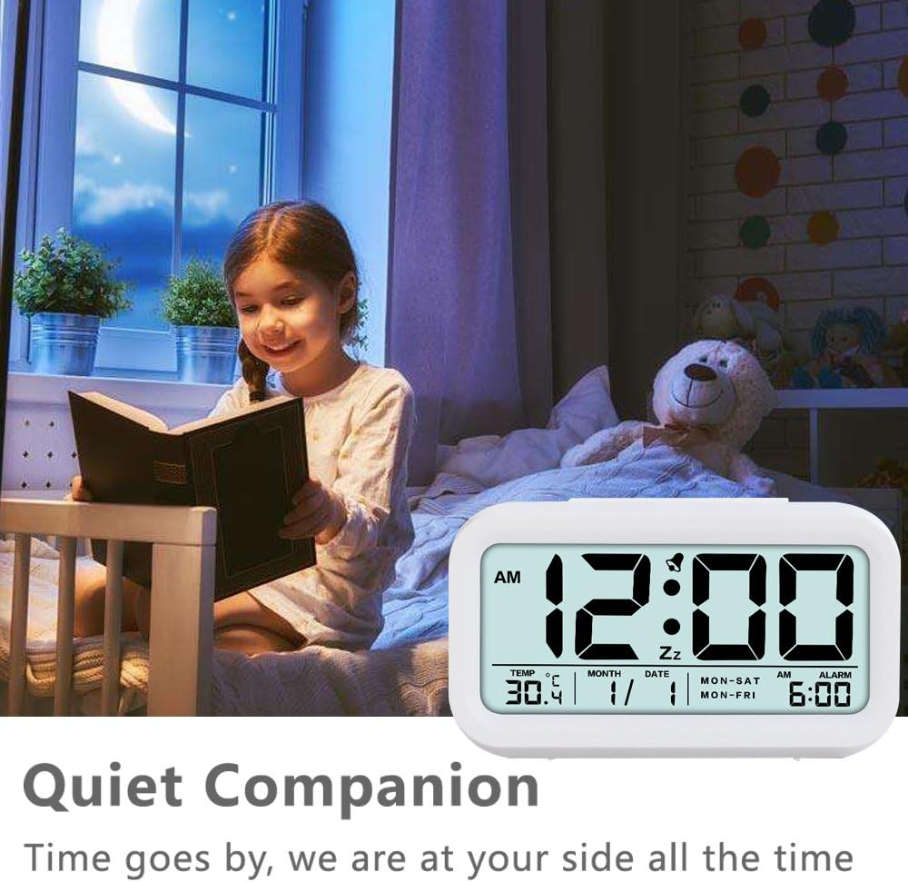 Digital Alarm Clock Electronic Table Clock Large LCD Display Date Temperature Dimmer Snooze & Nightlight, Desk & Shelf Clock for Kids' Room, Home Office Kitchen Bedside Clock, White