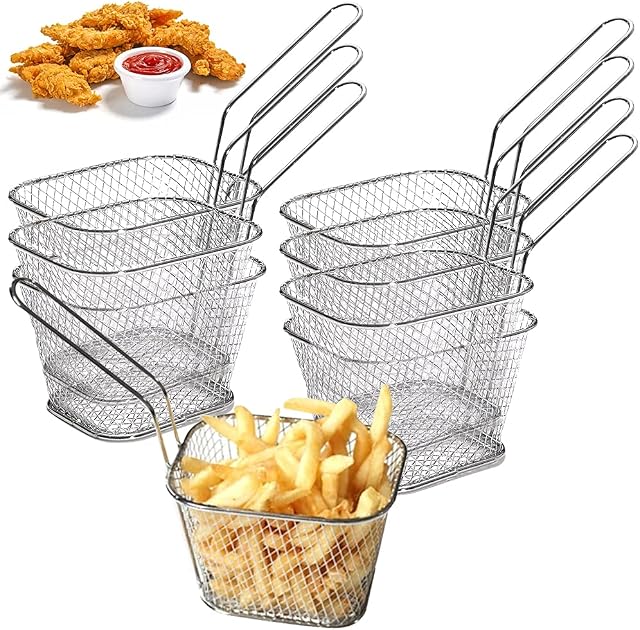 DURANTEY 8 PCS Chip Serving Frying Baskets Mini Chip Baskets Stainless Steel Chip Serving Basket Fried Baskets Serving Fry Baskets Food Presentation Basket for Chips, Onion Rings, Chicken Wings,Silver