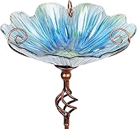 MUMTOP 31-Inch Blue Glass Bird Bath with Metal Stake - Outdoor Garden Yard Birdfeeder & Decor