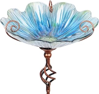 MUMTOP 31-Inch Blue Glass Bird Bath with Metal Stake - Outdoor Garden Yard Birdfeeder & Decor
