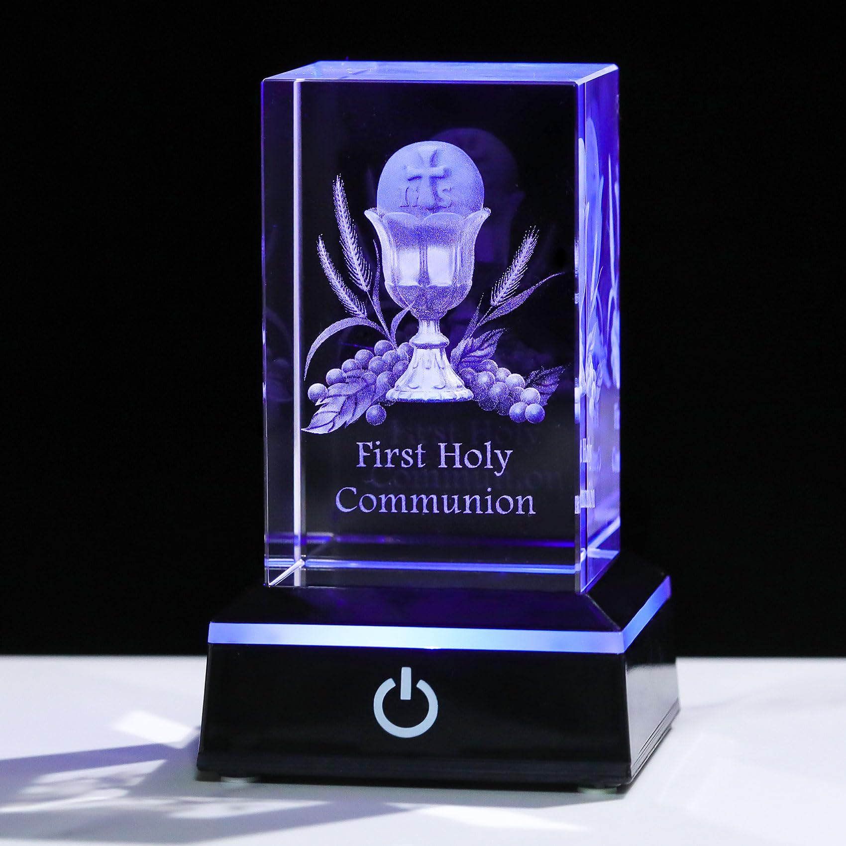 Movdyka 3D Crystal First Communion Gifts for Girls Boys Decorations Laser Engraved 3D Holy Grail Figurine Catholic Baptism Gifts with Colorful LED