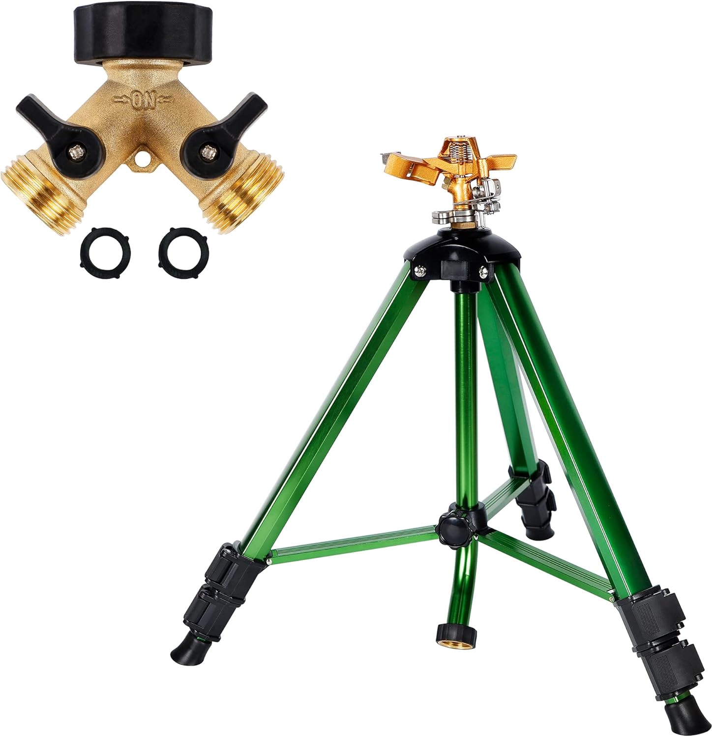 Biswing Garden Hose Splitter 2 Way & 1 Pack Impact Sprinkler Head on Tripod Base
