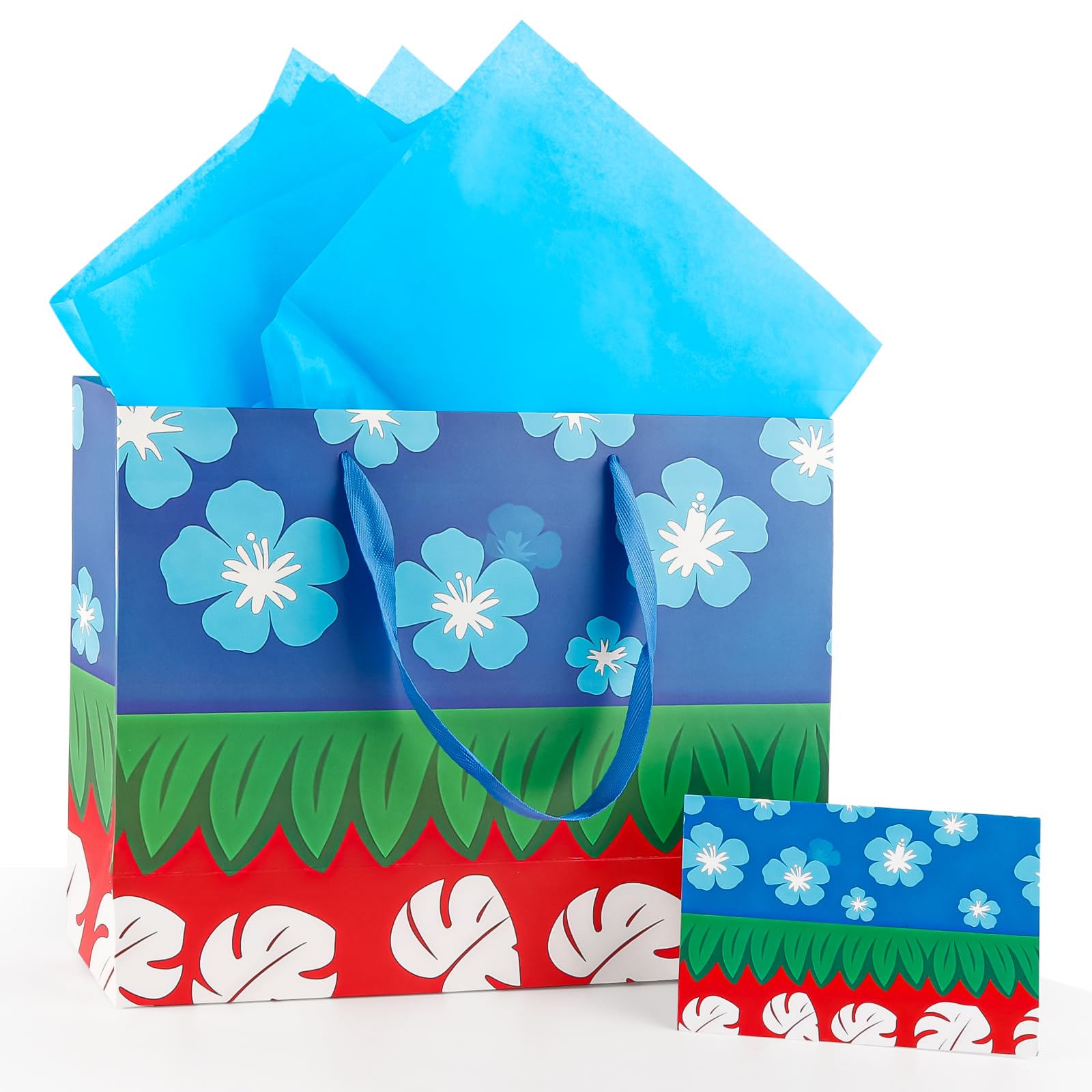 FUNCANDLE 13" Hawaiian Tropical Summer Floral Gift Bag with Greeting Card Tissue Paper, Cartoon Red Blue Treat Goodie Bags with Handle for Boys Girls Kids Friends Island Theme Candy Favor Supplies