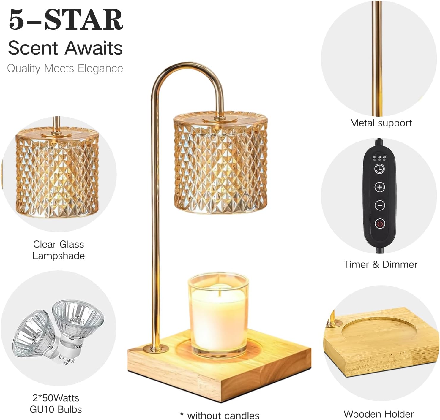 Candle Warmer Lamp for Jar Candles - Electric With 2 Bulbs, 2/4/8h Timer & 4 Level Dimmer, Top Melting for Scented Wax - Gifts for Mom Home Decor