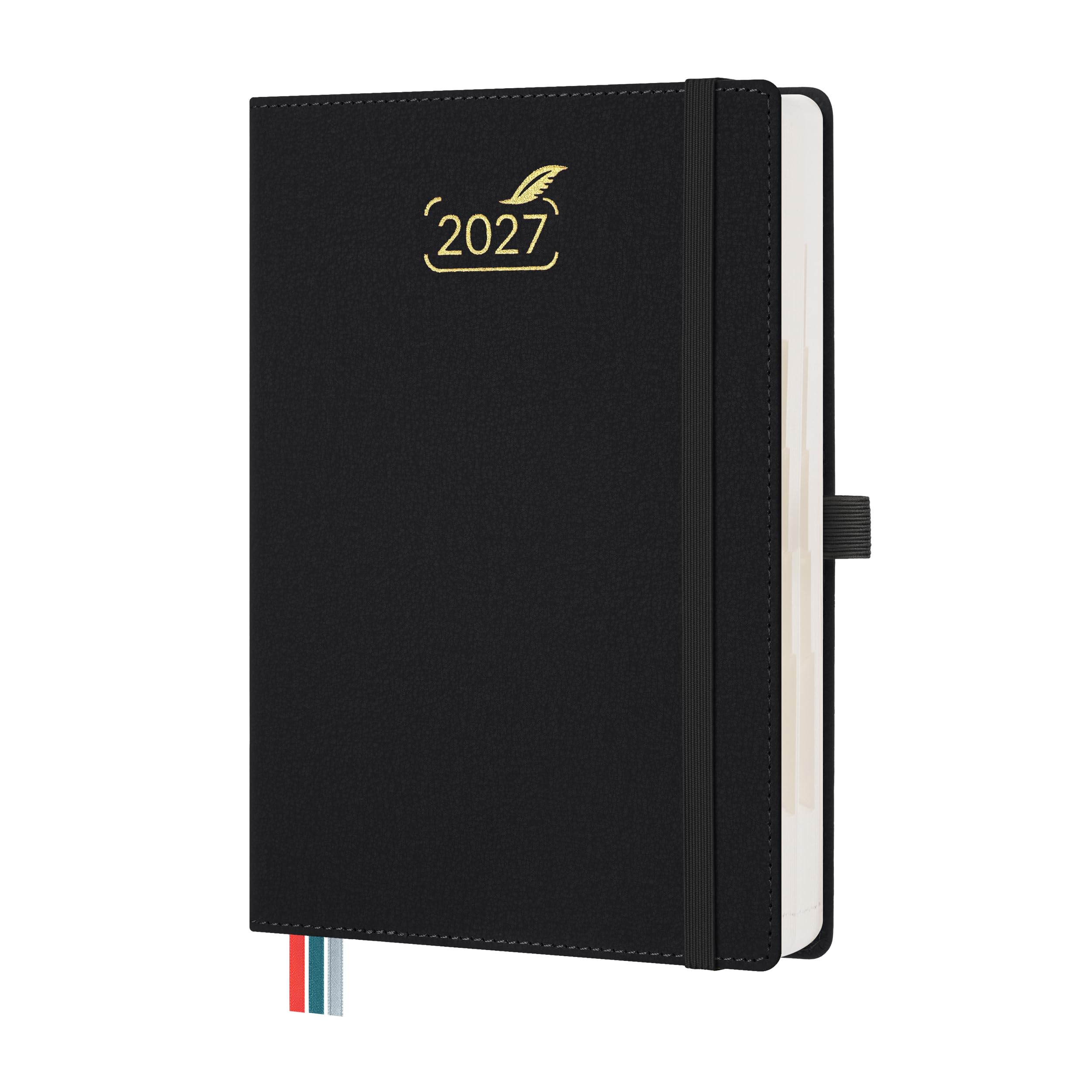 BEZEND 2027 Diary A5 Page A Day even Weekends with Dual Schedule. 2-Column Daily Planner for Work-Life Balance. Appointment Diary with Monthly Tabs, Inner Pocket, PU Leather Hardback, Black