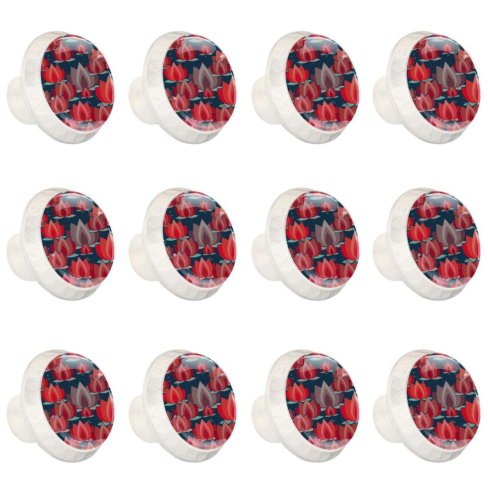 Boutons d'armoires de cuisine ronds en lot de 12 poignées motif fleur de Lotus rouge