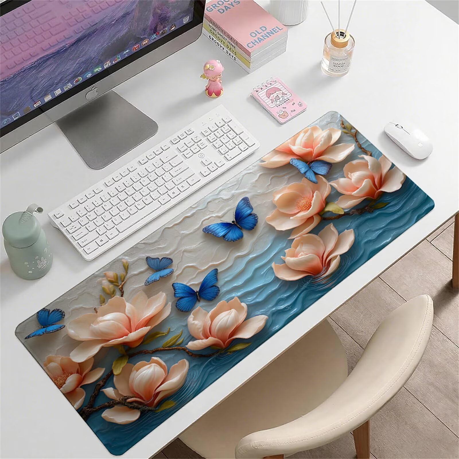 Różowa podkładka pod mysz XXL 1200 x 600 x 3 mm kwiat pod ręką akcesoria biurowe antypoślizgowa gumowa podstawa i zszyte krawędzie podkładka pod mysz dla graczy do dekoracji biura dekoracyjnego