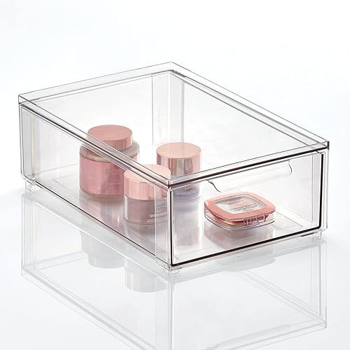 mDesign Plastic Stackable Bathroom Storage Organizer Bin Containers with Front Pull Drawer for Bathroom Countertop, Vanity, Closet Shelves - Holder for Beauty Accessories - Lumiere Collection - Clear