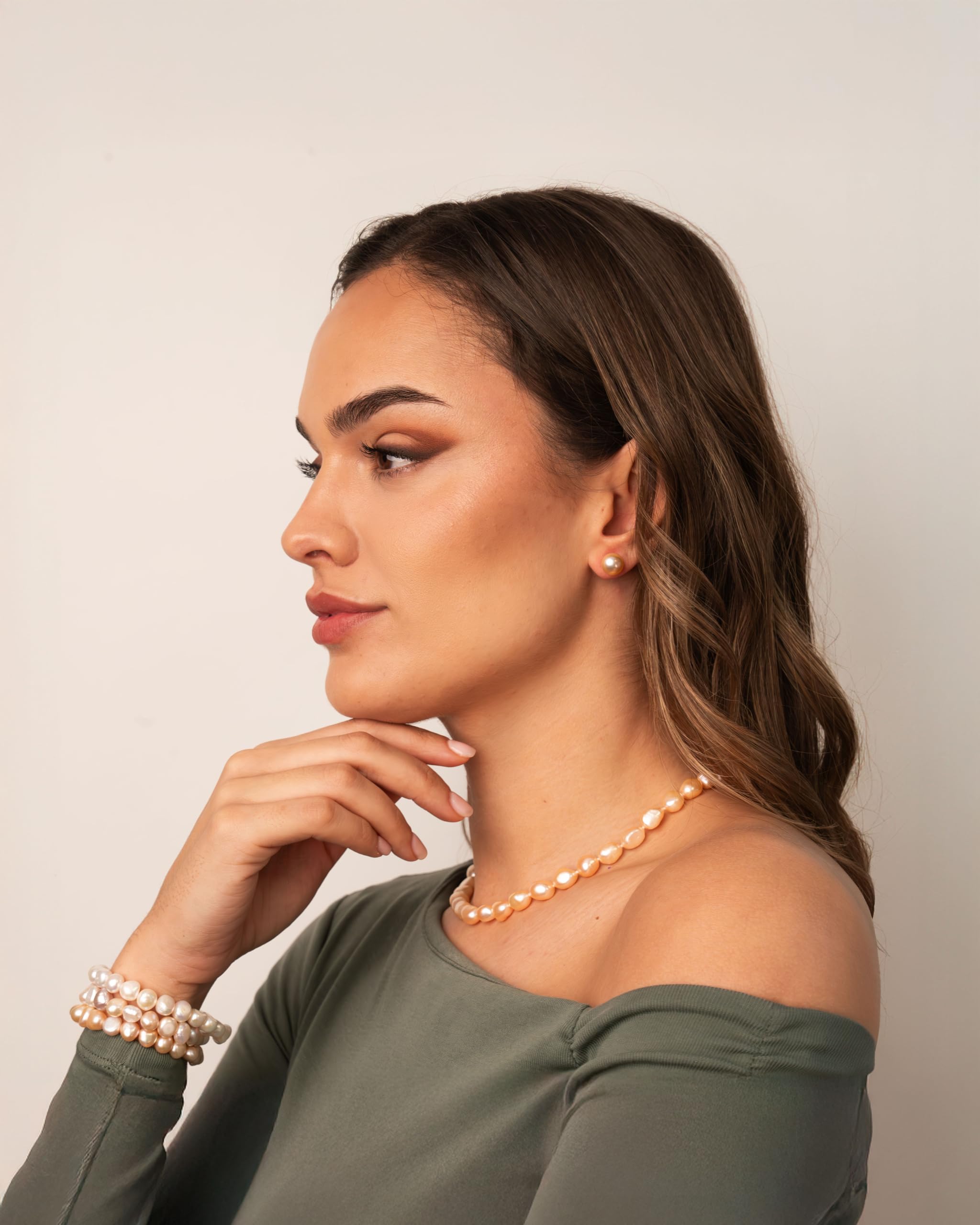 Orecchini da donna di perle bottone coltivate d'acqua dolce in colore arancio pesca SECRET & YOU - Argento sterling 925 - Disponibile in 4 misure da 8 mm a 11 mm