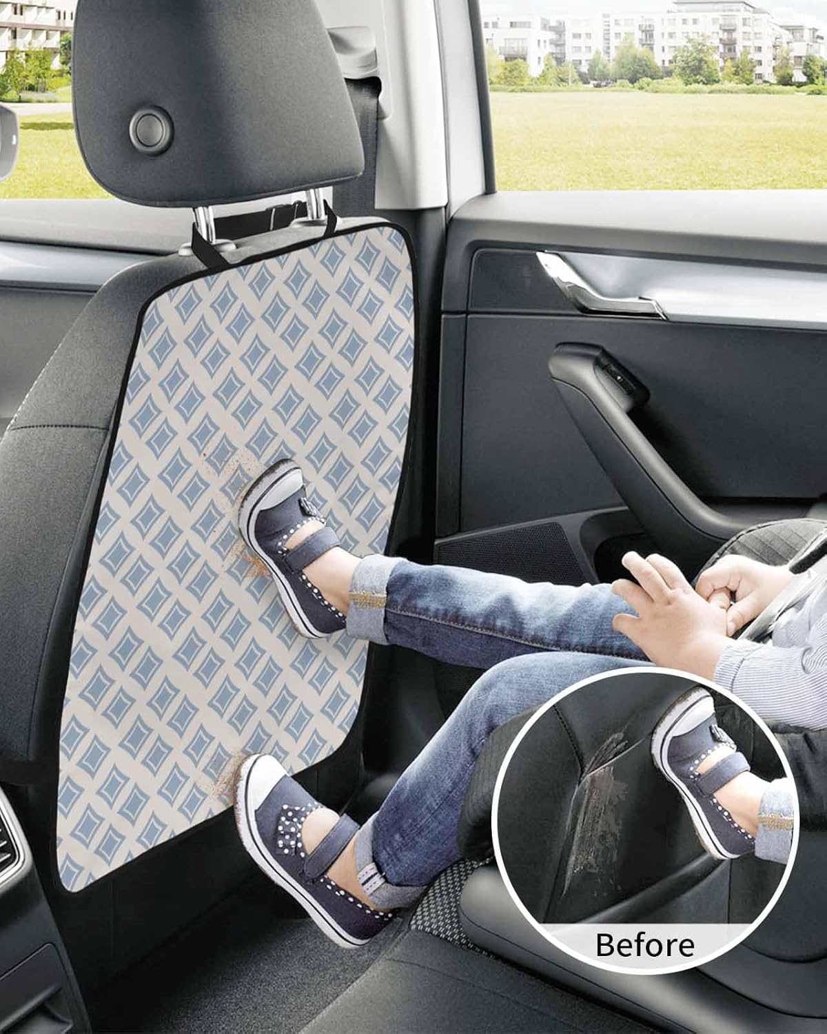 Car Seat Protector, 2 Pack Kick Mats Back Seat Protector Modern Abstract Geometric Pattern Retro Blue Geometric Waterproof Backseat Cover for Kids Universal Fit Automotive Interior Protectors
