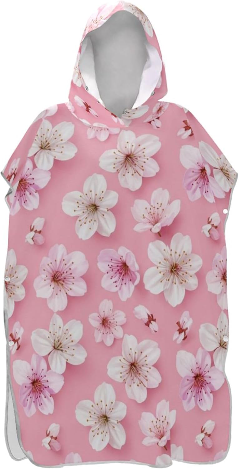 Changing Robe for Adults Surf Poncho Hooded Beach Towel Print Reusable Womens Ponchos with Hood Cherry Blossom Flowers One Size